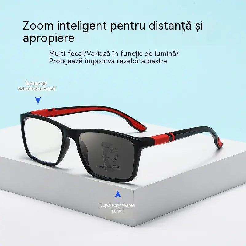 Noi ochelari de citit multifocali, cu un design elegant și sportiv: ochelari fotocromatici, cu sistem antiderapant și utilizare dublă (pentru vederea la apropiere și la distanță), destinați persoanelor vârstnice.
