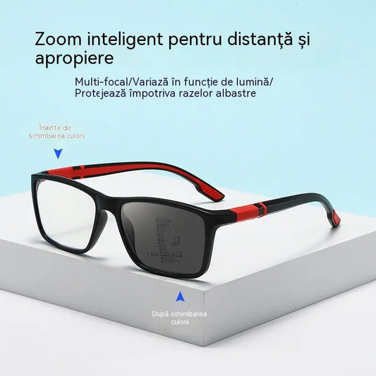 Noi ochelari de citit multifocali, cu un design elegant și sportiv: ochelari fotocromatici, cu sistem antiderapant și utilizare dublă (pentru vederea la apropiere și la distanță), destinați persoanelor vârstnice.