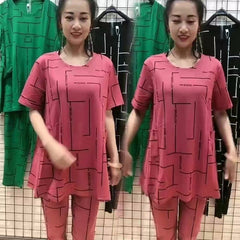 【Top + Pantaloni】🔥Costum de femeie cu mânecă scurtă, stil nou 2026, lejer, pentru femei de vârstă mijlocie și în vârstă