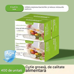 Extra Groase, Pachet de 4 Cutii (400 Bucăți) - 149 lei - Huse Antibacteriene Elastice pentru Alimente; Pungi Alimentare de Unică Folie pentru Depozitare în Bucătărie sau Frigider.